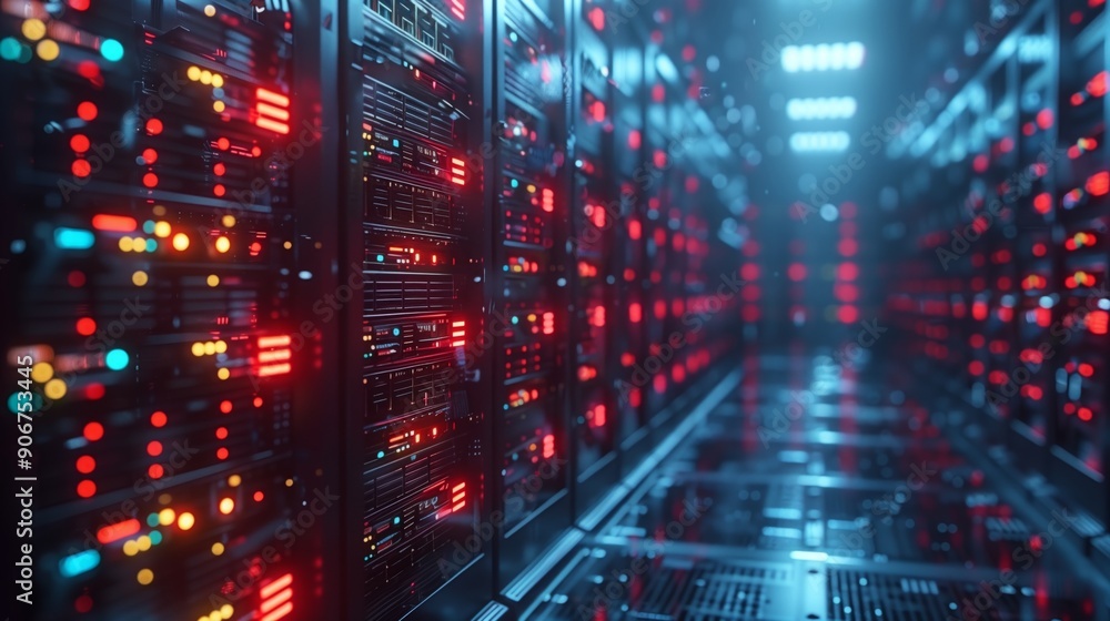 Poster rows of servers with blinking lights create a vibrant atmosphere in a data center, showcasing techno