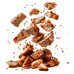 falling Grilled chicken slices chopped meat isolated on transparent background.png
