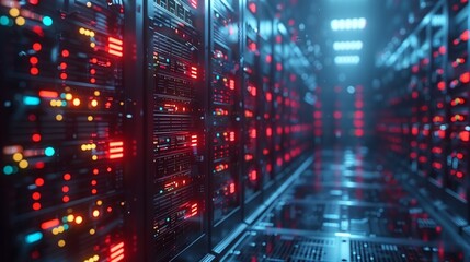 Rows of servers with blinking lights create a vibrant atmosphere in a data center, showcasing technology and infrastructure during nighttime hours.