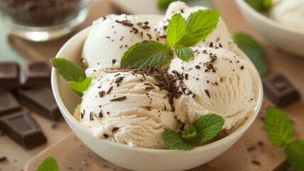 A bowl of creamy gelato garnished with fresh mint leaves and chocolate shavings.