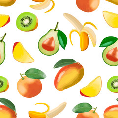Tropical fruits in the pattern.Bright tropical fruits in a pattern on a white background.