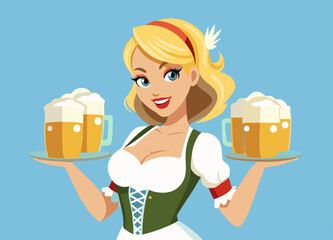 Young Oktoberfest waitress, wearing a traditional Bavarian dress, serving  beer mugs. Attractive blonde german woman. Pinup style vector illustration.