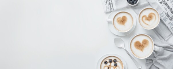 Three cups coffee white table are placed saucers A white backgro