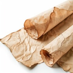Vintage scroll opened papyrus, isolated on a white background, bright and vivid tonality, in the style of product photography