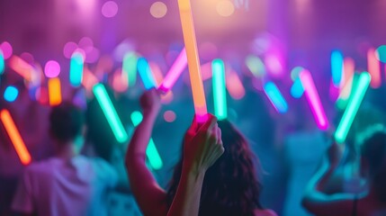 People dancing with glow sticks, vibrant night, party atmosphere