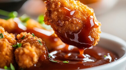 A close up of a nugget being dipped into a tangy barbecue sauce, with sauce dripping off the edge