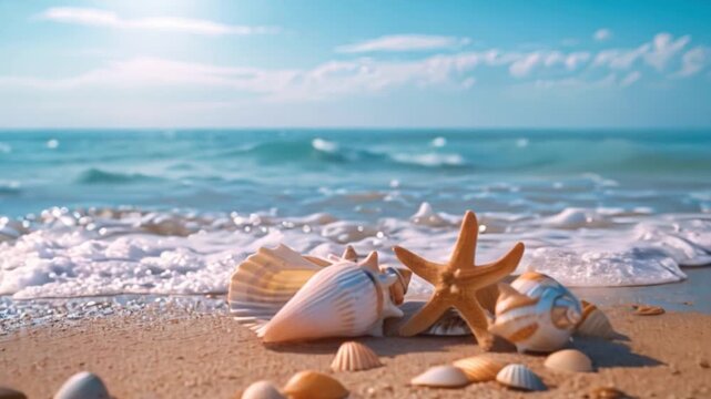 A seashore with shells, starfish, and conch shells on the sand, horizon, cloudless blue sky, few birds, and a calm sea