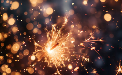 Obraz premium A sparker emitting bright sparks against a backdrop of colorful bokeh lights, capturing a festive celebration atmosphere.