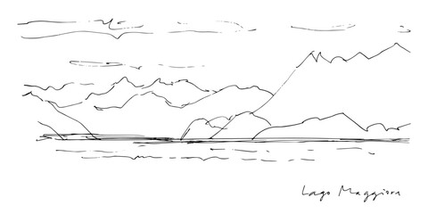 Lake Lago Maggiore in the mountains sketch with handwritten text. Vector hand drawn illustration with landscape Italian and Swiss resorts Lombardia, Piemonte, Ticino. Background for card, poster, sign