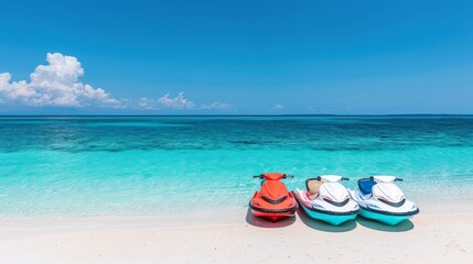 Obraz premium Jet skis lined up on a pristine beach, adventurous activity, water sports