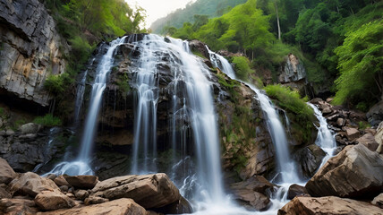 Fototapeta premium Beautiful mountain waterfalling background image and use it as your wallpaper. Ai generative