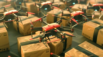 A swarm of drones hover over a field of cardboard boxes, representing the future of delivery.