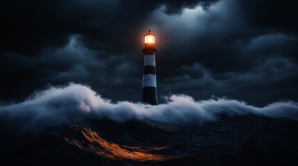 A haunted lighthouse with a ghostly keeper, flickering lights, and crashing waves, high-resolution photo, realistic photo