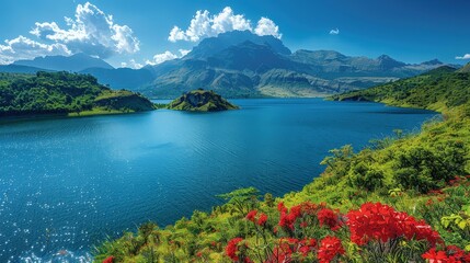 Breathtaking Lakeside Landscape with Majestic Mountains and Vibrant Blooms