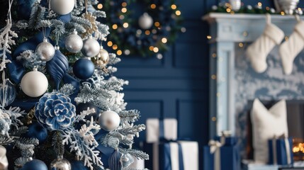 A beautifully decorated dark blue and white Christmas tree stands in a cozy living room, surrounded by gifts and a festive wreath