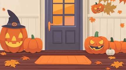House floor decorated with Halloween pumpkins and Trick Or Treat mat.