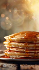 Stacks of pancakes with maple syrup, breakfast delight, festival morning