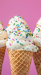 Closeup of ice cream cones with sprinkles, sweet indulgence, festive vibe