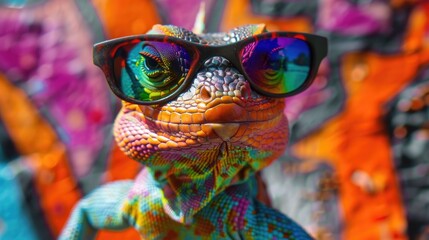 A colorful lizard wearing trendy sunglasses on its head