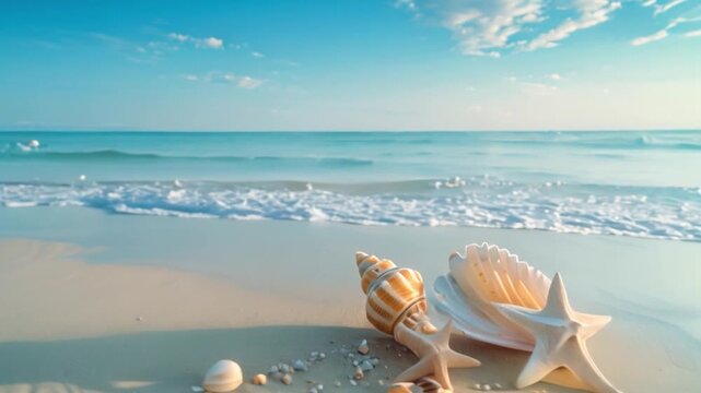 A seashore with shells, starfish, and conch shells on the sand, horizon, cloudless blue sky, few birds, and a calm sea