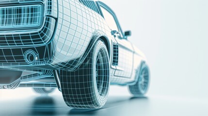 A wireframe model of a classic car, rendered in blue against a white background.  The car's rear end is in focus, with the tire and taillights visible.