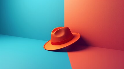 A red fedora hat lies on a blue and red background.