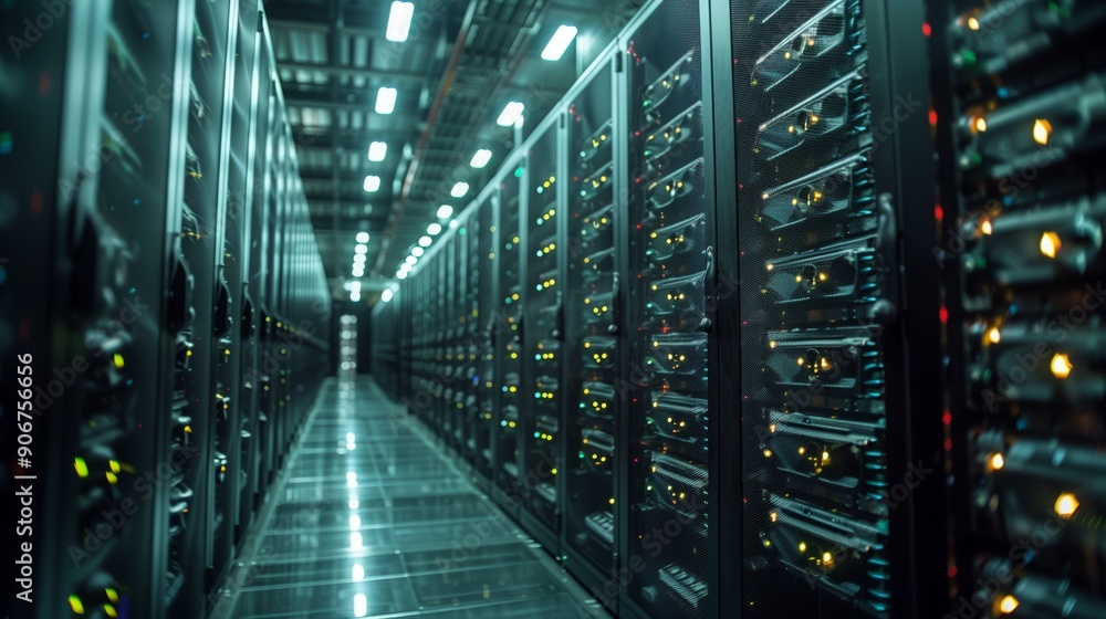 Poster a high-tech data center filled with rows of glowing servers, displaying active status lights in a di