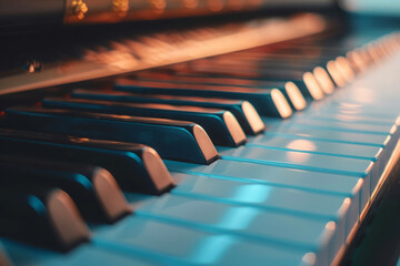 Close-up of piano keys with blurred background. Classical musical instrument. Mood of music