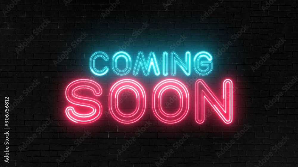 Poster coming soon text font with light. luminous and shimmering haze inside the letters of the text coming