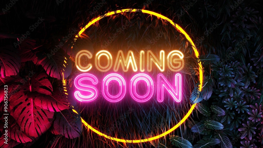 Poster coming soon text font with light. luminous and shimmering haze inside the letters of the text coming