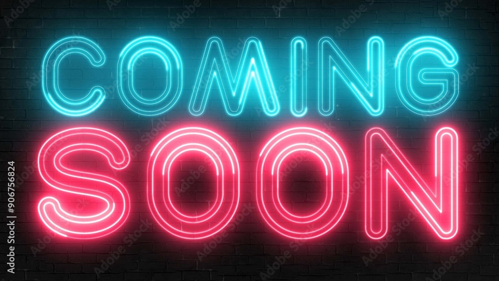 Poster coming soon text font with light. luminous and shimmering haze inside the letters of the text coming