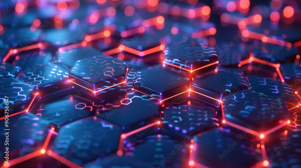 Aufkleber abstract digital network of glowing red and blue hexagonal shapes connected by lines.