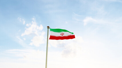 Flag of Iran waving in the wind, sky and sun background. Iran flag. Ultra Hd.
