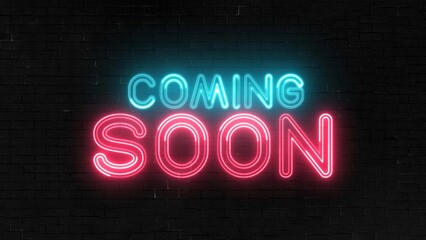Obraz premium Coming Soon text font with light. Luminous and shimmering haze inside the letters of the text Coming Soon. Coming Soon neon sign. 