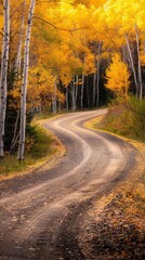 Fototapeta premium Country road winding through a forest with fall colors, fall foliage, rural beauty