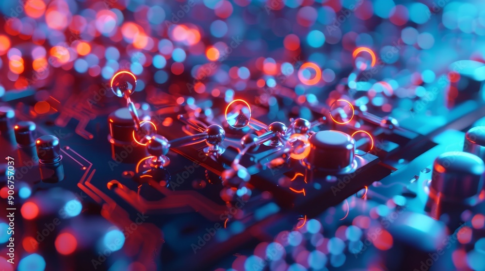 Poster abstract 3d rendering of a futuristic circuit board with glowing red and blue lights.