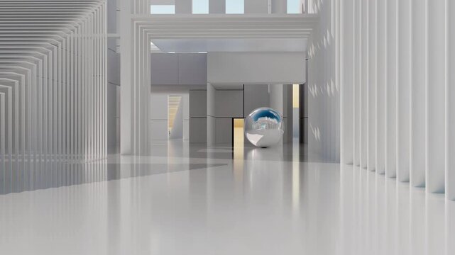 3d render video animation with surreal part of exterior building structure with white flat cubes rectangle blocks colones in white concrete material with silver mirror sphere ball sculpture 