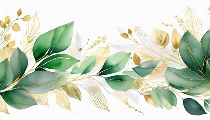 Seamless watercolor border - illustration with green gold leaves and branches. Generated image