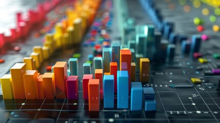 Obraz premium Colorful 3D bar graph representing data and growth, with a focus on a cluster of bars in the foreground.