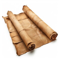 Vintage scroll opened papyrus, isolated on a white background, bright and vivid tonality, in the style of product photography
