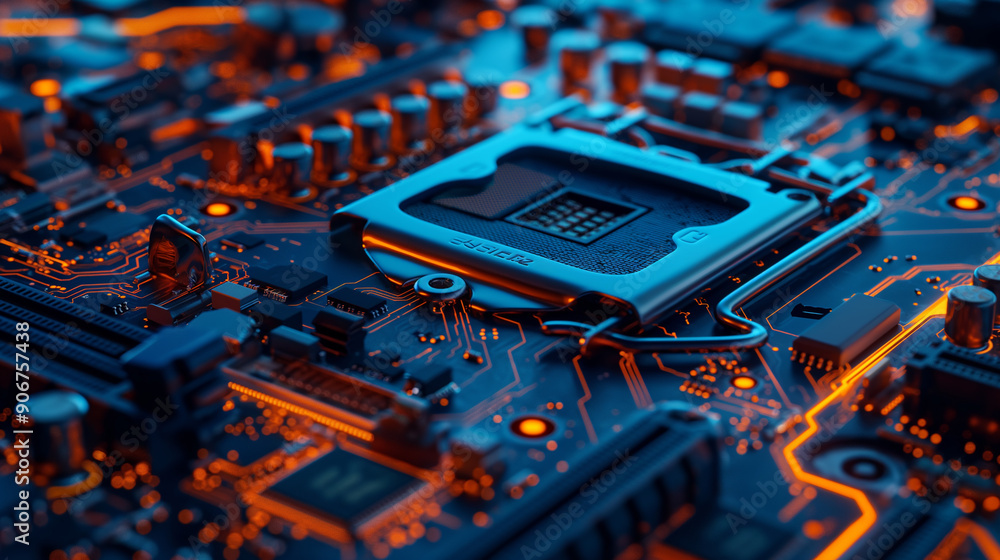 Poster close-up of a computer circuit board with glowing orange lines, representing advanced technology and
