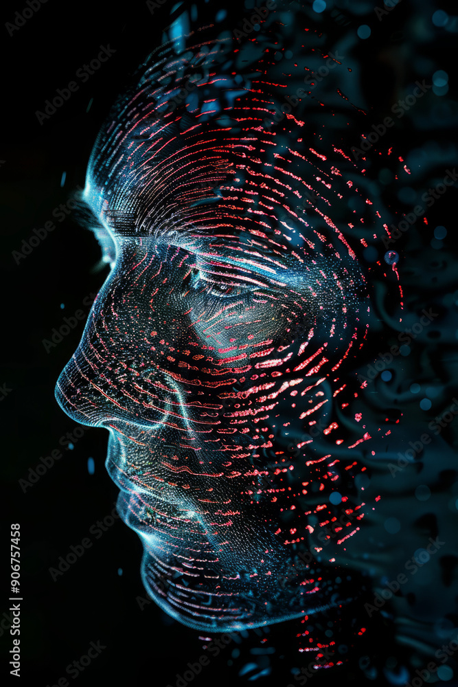 Poster abstract digital data forming face of person. concepts of facial recognition, artificial intelligenc