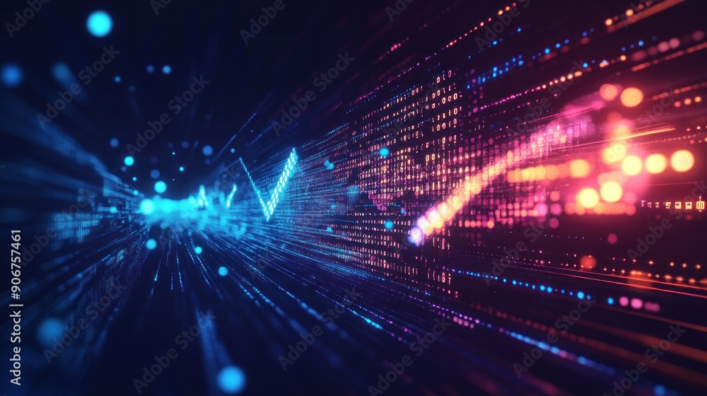 Poster abstract digital data flow with checkmark and blurred lights