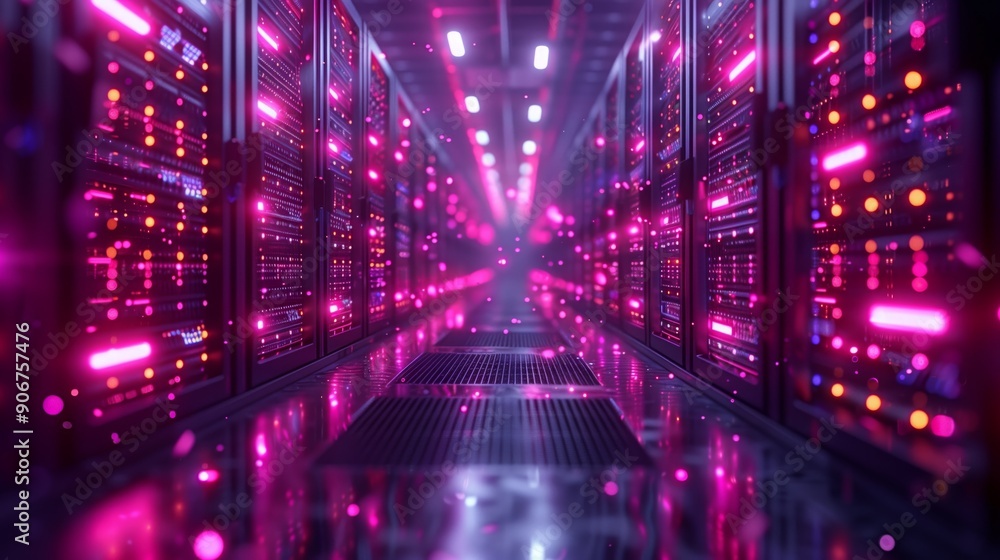 Poster a corridor in a data center glows with vibrant pink and purple lights, highlighting rows of advanced