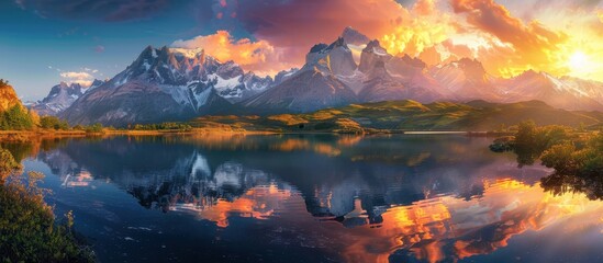 Stunning Sunset Over Majestic Mountain Range Reflecting in Pristine Lake with Vibrant Sky and Lush Greenery