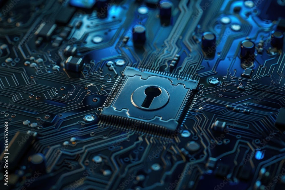 Poster a close up view of a circuit board featuring a central lock symbol, signifying cybersecurity and tec