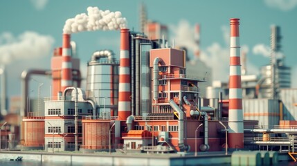 Obraz premium A large industrial factory with tall smokestacks billowing smoke against a blue sky. The factory is surrounded by a cityscape.