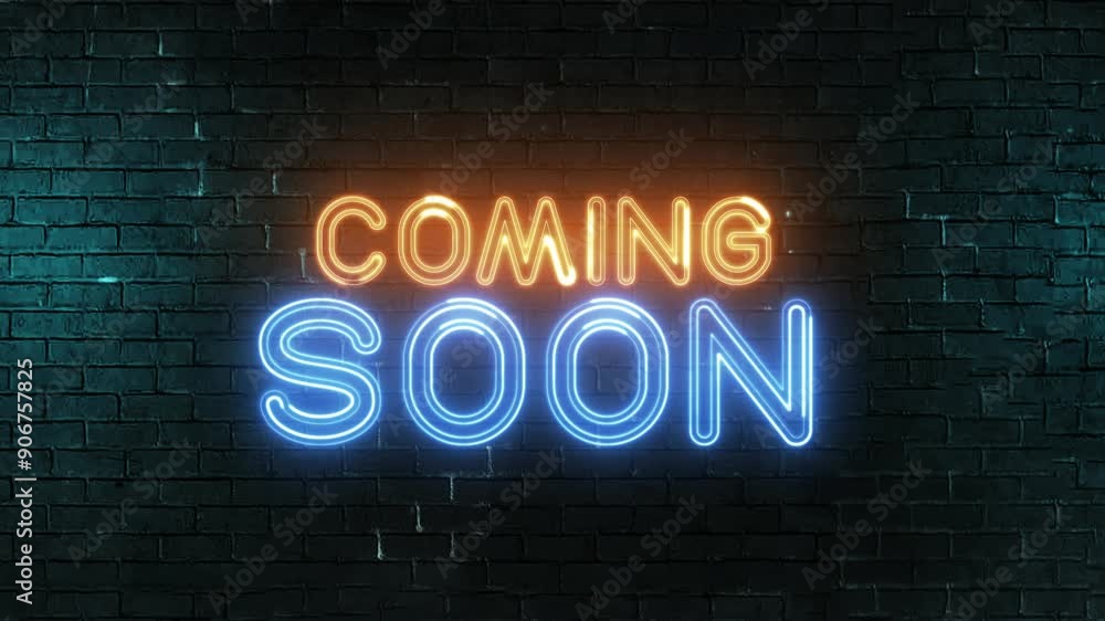 Poster coming soon text font with light. luminous and shimmering haze inside the letters of the text coming