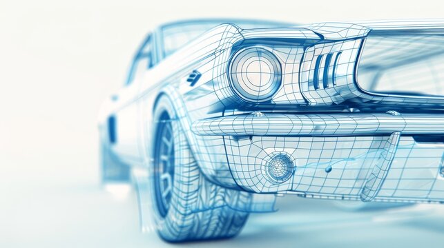 A classic car rendered in a wireframe style, with a focus on the front headlight and tire. The image is clean and modern, showcasing the beauty of automotive design.