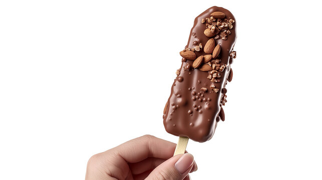 A hand holding a chocolate ice cream stick with nuts on top isolated on a transparent background